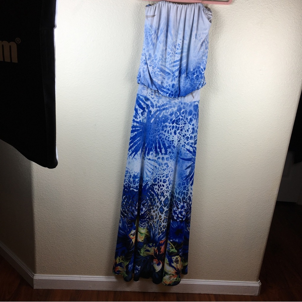S-TWELVE Strapless Blue White Tropical Print Maxi Dress Size S Made in USA